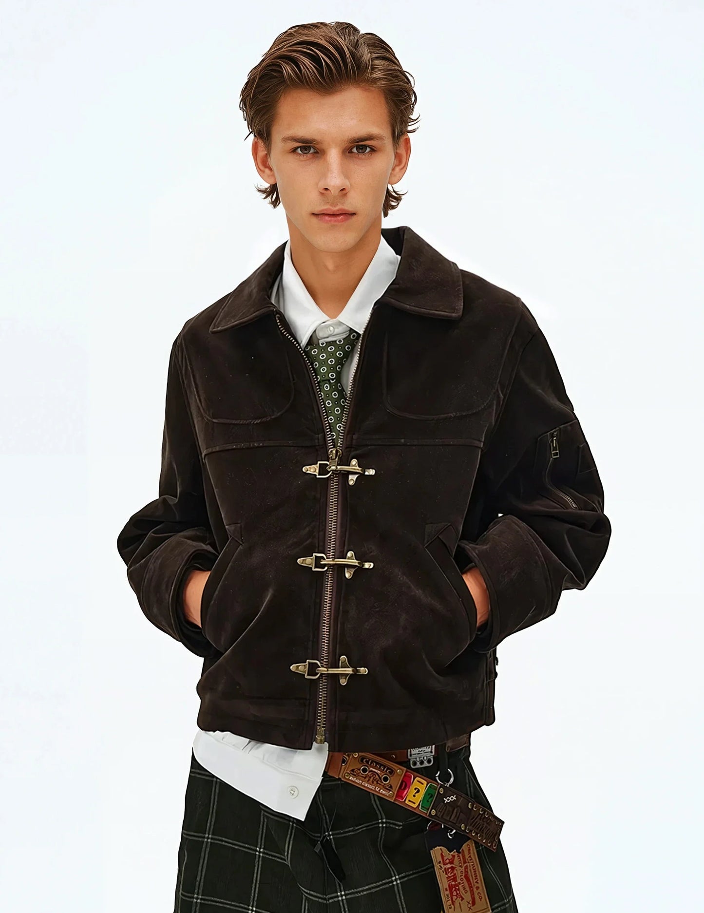 SUEDE PANELLED FIREMAN BUCKLE ZIP UP