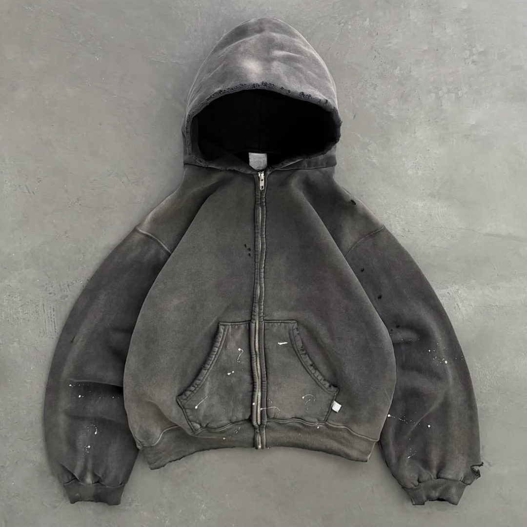 WATCH-SHOWER DISTRESSED ZIP UP HOODIE