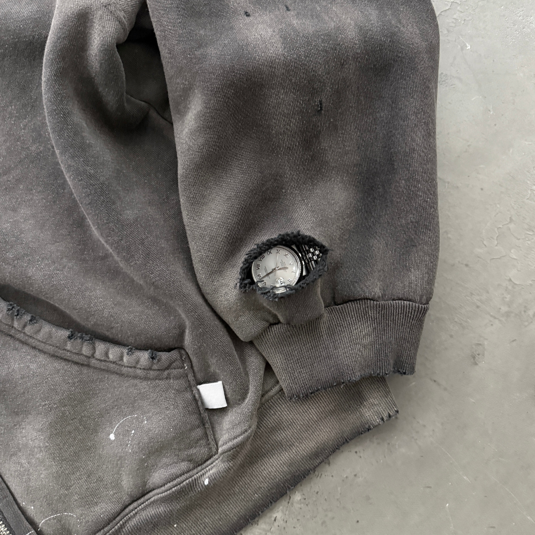 WATCH-SHOWER DISTRESSED ZIP UP HOODIE