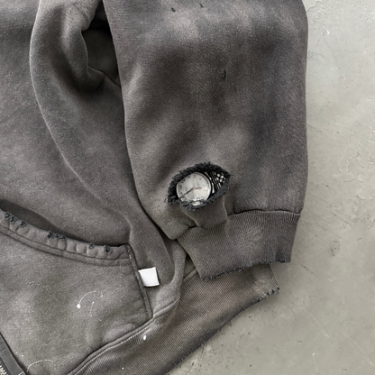 WATCH-SHOWER DISTRESSED ZIP UP HOODIE