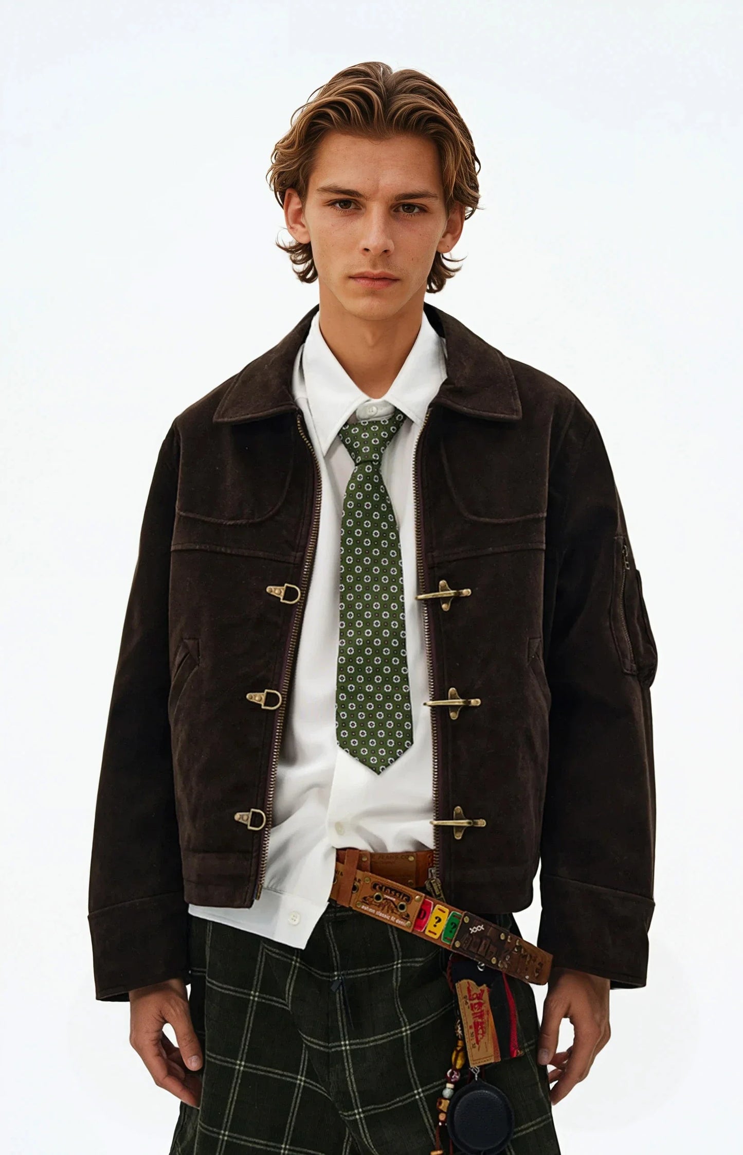 SUEDE PANELLED FIREMAN BUCKLE ZIP UP