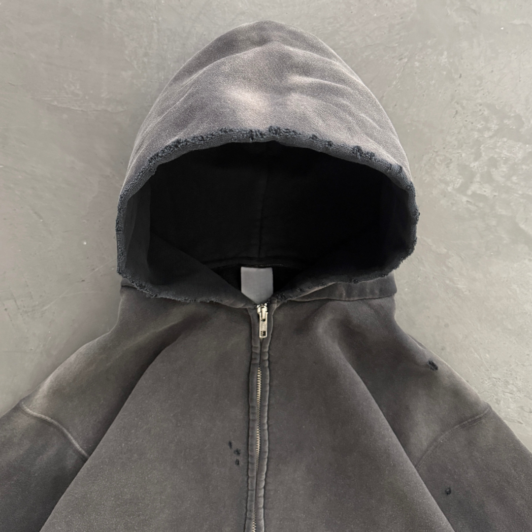 WATCH-SHOWER DISTRESSED ZIP UP HOODIE