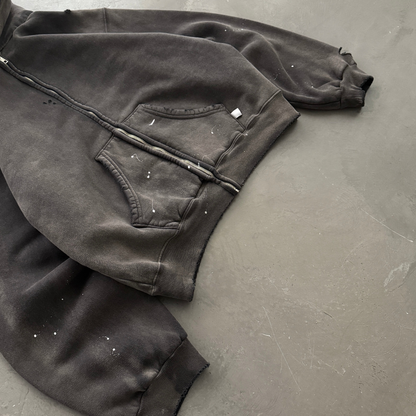 WATCH-SHOWER DISTRESSED ZIP UP HOODIE