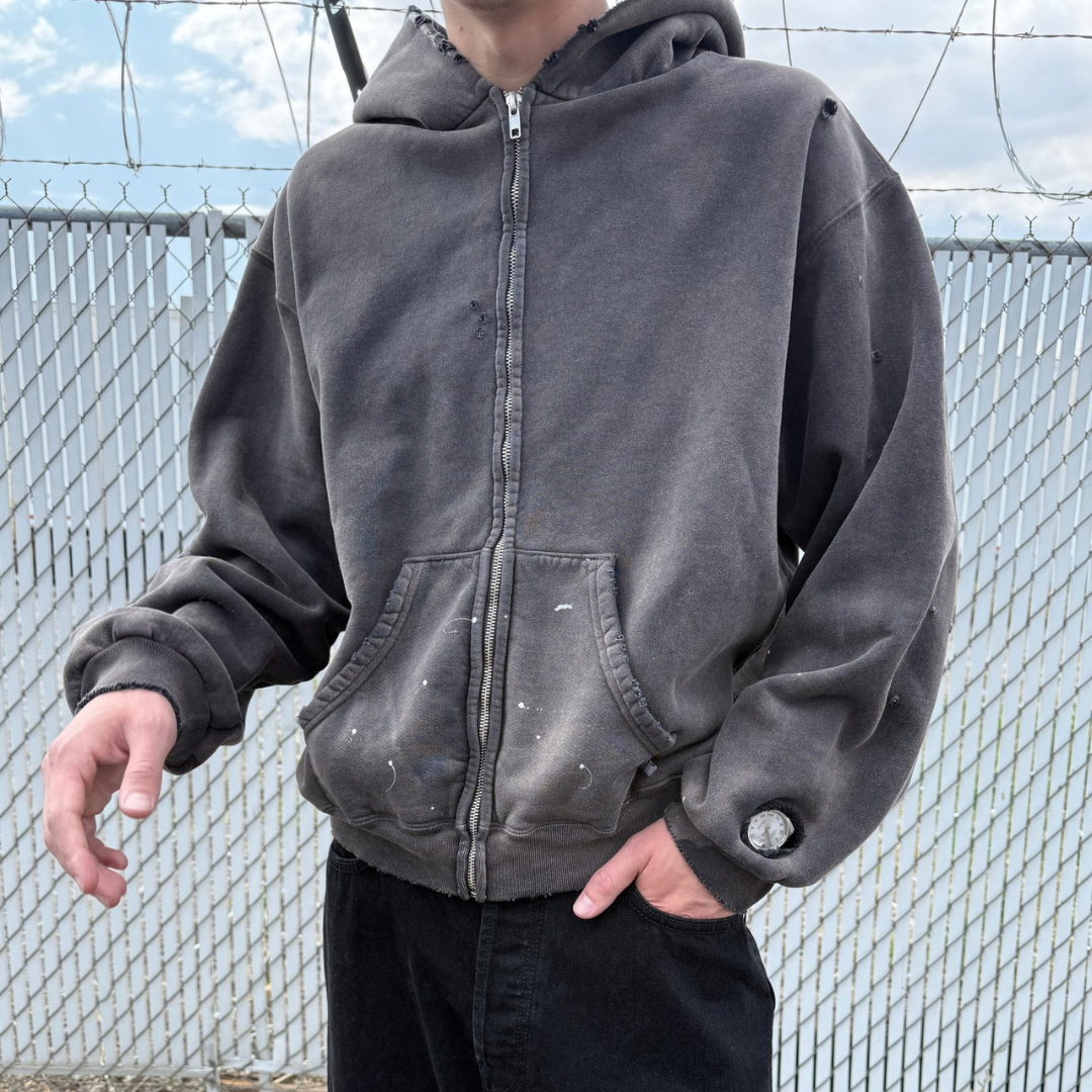 WATCH-SHOWER DISTRESSED ZIP UP HOODIE