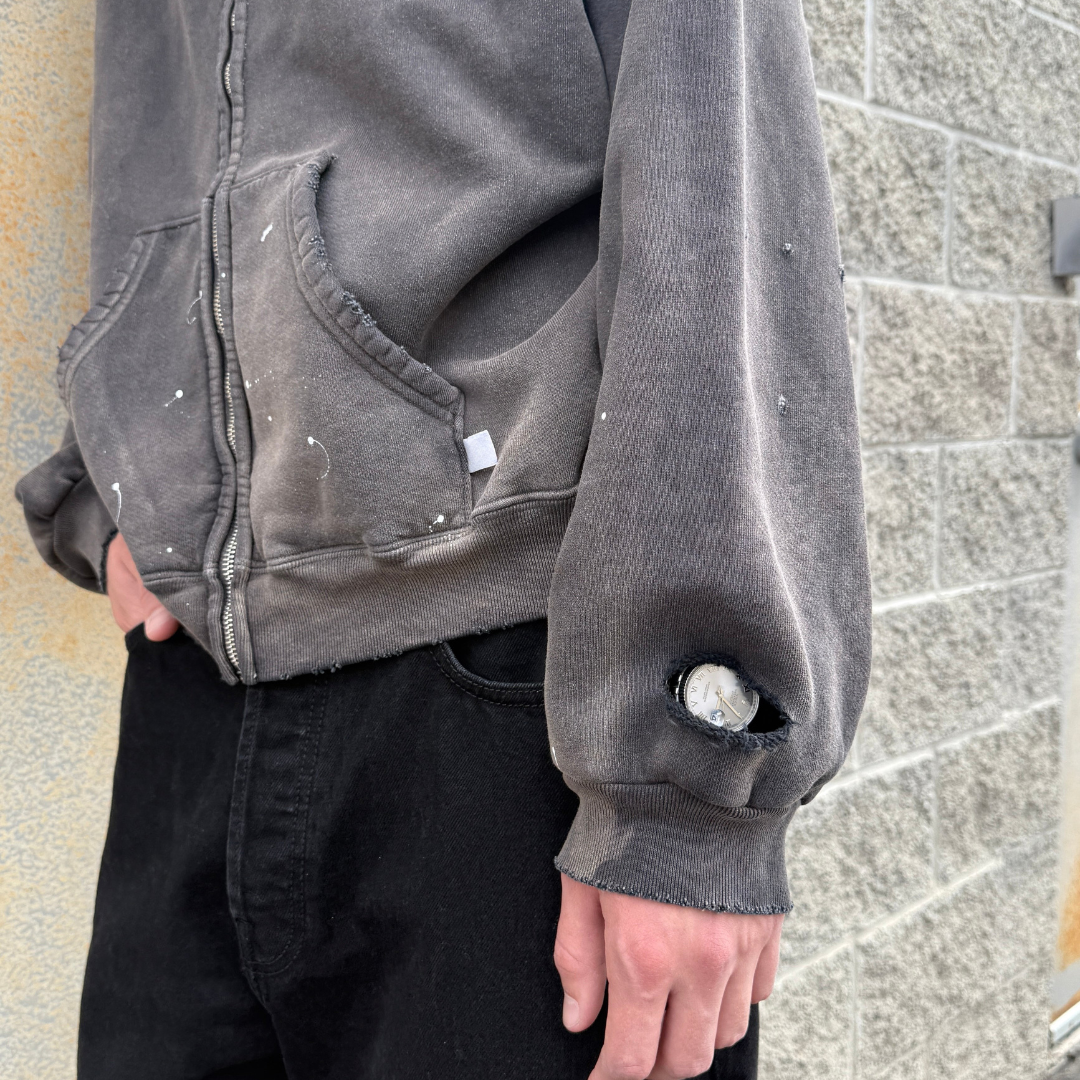 WATCH-SHOWER DISTRESSED ZIP UP HOODIE