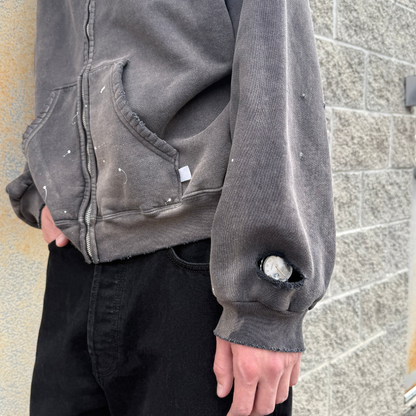 WATCH-SHOWER DISTRESSED ZIP UP HOODIE