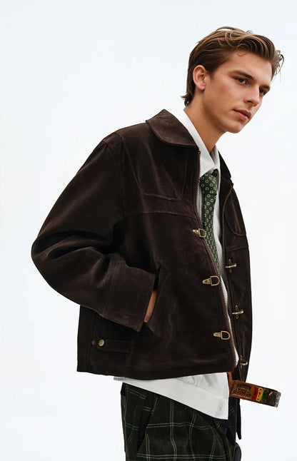 SUEDE PANELLED FIREMAN BUCKLE ZIP UP