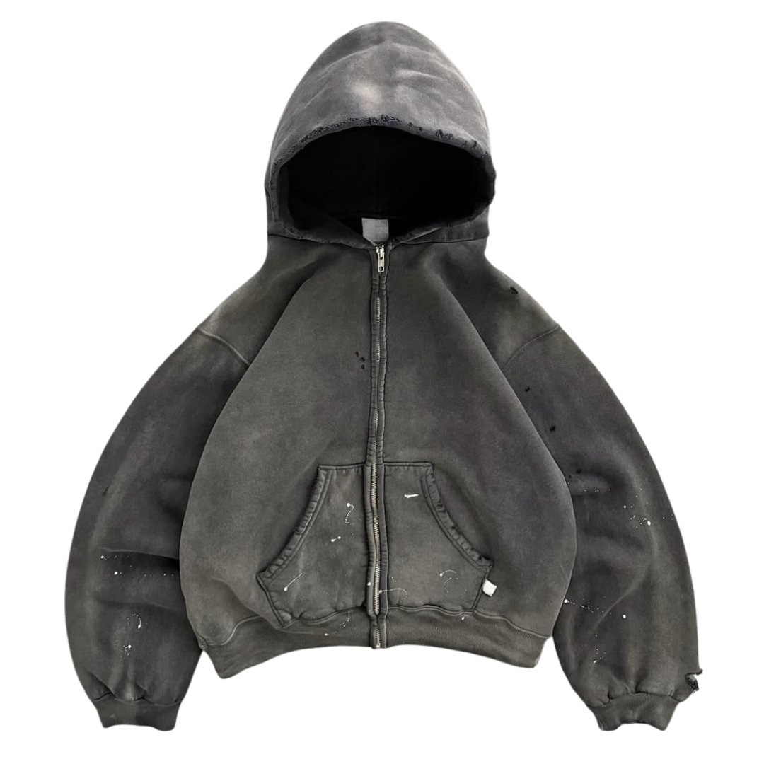 WATCH-SHOWER DISTRESSED ZIP UP HOODIE