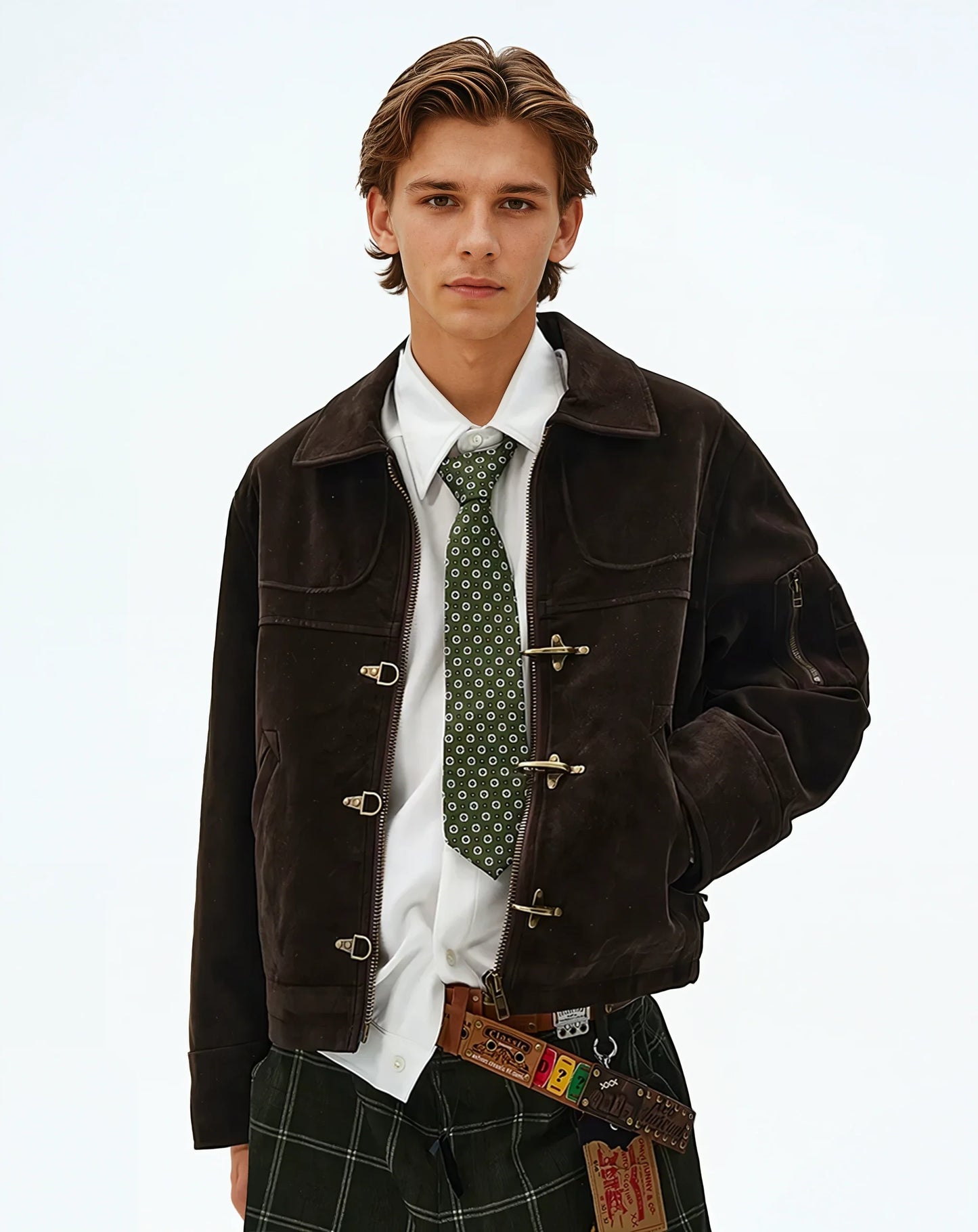 SUEDE PANELLED FIREMAN BUCKLE ZIP UP