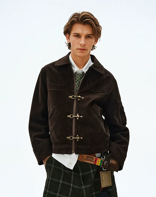 SUEDE PANELLED FIREMAN BUCKLE ZIP UP